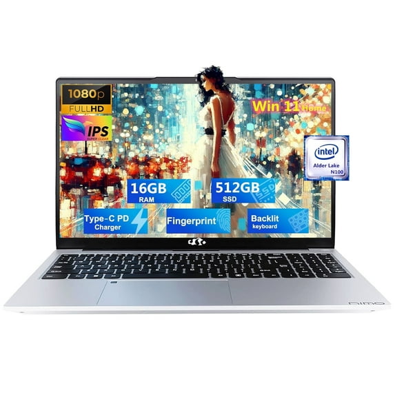 15.6'' FHD Laptop Computer, Windows 11, Intel N100 Processor(Beat to i3 1115G4, Up to 3.4GHz), 16GB RAM 512 SSD, Fingerprint, Backlit keyboard, Type-C 65W PD Fast Charger (Silver)