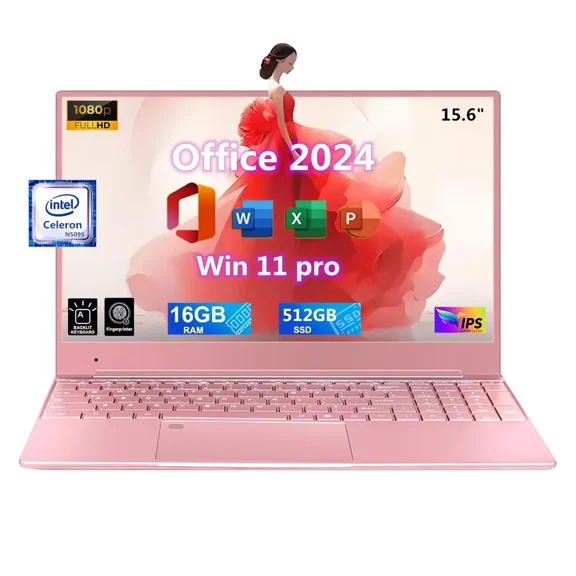 15.6" FHD Laptop Office 2024 Win 11 Pro Thin Light Business Student Notebook PC Computer 16GB RAM 512GB SSD Intel Celeron N5095 Quad-Core Backlit Keyboard Fingerprint Pink