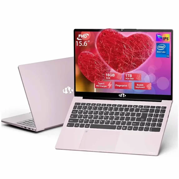 2025 Newest Laptop, 15.6-Inch FHD Display Laptop with Intel Quad Core-12th N100(Up to 3.4GHz), 16GB RAM 1TB ROM Business Laptop Computer, Fingerprint, Type C, Windows 11 Home(pink)