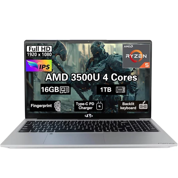 15.6" FHD New Business Laptop Computer, AMD Ryzen 5 3500U, 16GB RAM, 1TB SSD, Windows 11, Backlit Keyboard, Fingerprint Reader, 65W PD, Lightweight Computer for Work and Student, Silver