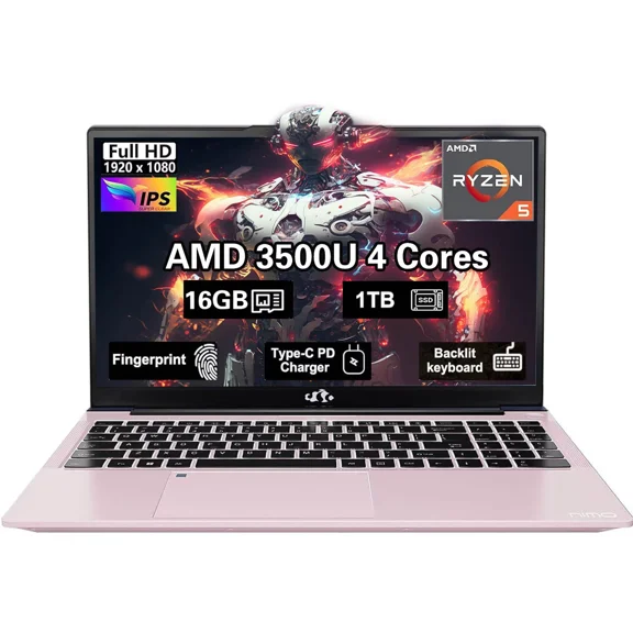 15.6" FHD New Business Laptop Computer, AMD Ryzen 5 3500U, 16GB RAM, 1TB SSD, Windows 11, Backlit Keyboard, Fingerprint Reader, 65W PD, Lightweight Computer for Work and Student RoseGold