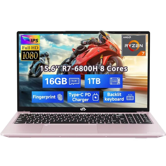 15.6" FHD New Gaming Laptop Computer 8 Cores AMD Ryzen 7 6800H 16GB DDR5 RAM 1TB SSD (Up to 4.7GHz) AMD Radeon 680M GPU-Computer with 100W GaN Type-C Backlit Keyboard Fingerprint RoseGold