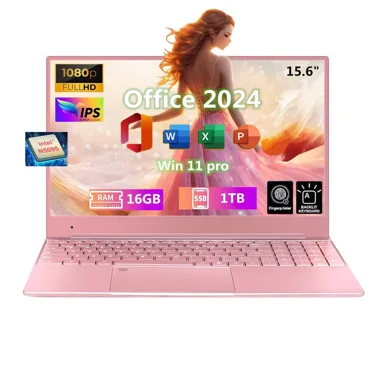 15.6" FHD Pink Laptop Office 2024 Win 11 Pro 16GB RAM 1TB SSD Intel Celeron N5095 Quad-Core Thin Light Business Student Notebook PC Computer Backlit Keyboard Fingerprint