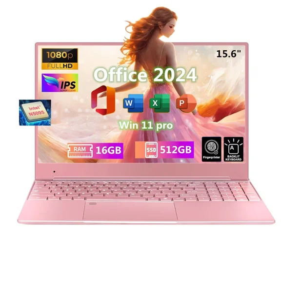 15.6" FHD Pink Laptop Office 2024 Win 11 Pro 16GB RAM 512GB SSD Intel Celeron N5095 Quad-Core Thin Light Business Student Notebook PC Computer Backlit Keyboard Fingerprint