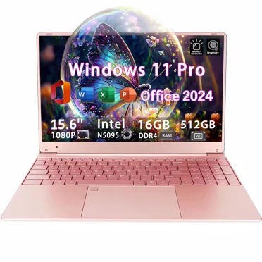 15.6" FHD Pink Laptop Windows 11 Pro Office 2024 Meeting camera Backlit Keyboard Intel Celeron N5095 16GB RAM 512GB SSD Lightweight Business student Notebook PC Computer for Work WiFi5 BT 5.0
