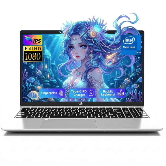 15.6" FHD Student Business Laptop 16GB RAM 256GB SSD Intel Pentium Quad-Core N100 Processor (Up to 3.4GHz) with Backlit Keyboard Fingerprint WiFi 6 BT5.2 Windows 11 Silver