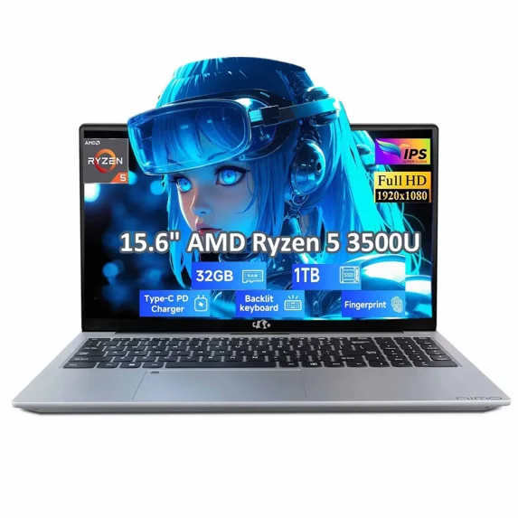 15.6" FHD Student-Laptop-Computer , AMD Ryzen 5 3500U(Beat i5-1135G7, 4 Cores Up to 3.7GHz)32GB RAM 1TB SSD 65W Type-C, 2 Years Warranty, Fingerprint, Backlit Keyboard, Wi-Fi 5, BT5.2
