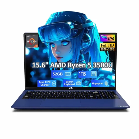 15.6" FHD Student-Laptop-Computer , AMD Ryzen 5 3500U(Beat i5-1135G7, 4 Cores Up to 3.7GHz), -32GB RAM 1TB SSD 65W Type-C, 2 Years Warranty, Fingerprint, Backlit Keyboard, Wi-Fi 5, BT5.2, Blue