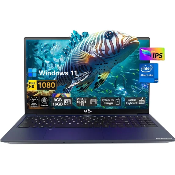 15.6'' FHD High-Performance Laptop Computer, Windows 11, Intel N100 Processor (Up to 3.4GHz), 8GB RAM, 256GB SSD, Backlit Keyboard, Fingerprint, Type-C 65W PD Fast Charger, 2-Year Warranty (Blue)