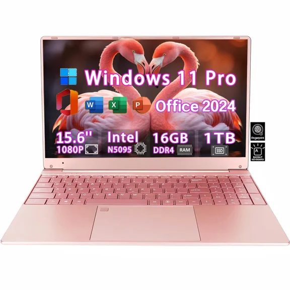 15.6" FHD Windows 11 Pro Pink Laptop Computer Office 2024 Meeting camera Backlit Keyboard Intel Celeron N5095 16GB RAM 1TB SSD Lightweight Business student Notebook PC Computer for Work WiFi5 BT 5.0