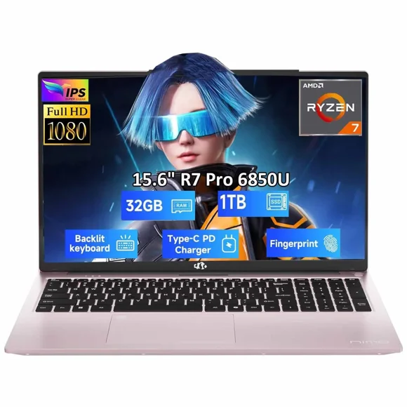 15.6" Gaming Laptop 8 Cores AMD Ryzen 7 Pro 6850U 32GB LPDDR5 RAM 1TB SSD (Beat i7-1360P Up to 4.7GHz) AMD Radeon 680M GPU IPS FHD Computer with 100W Type-C Backlit Keyboard Fingerprint