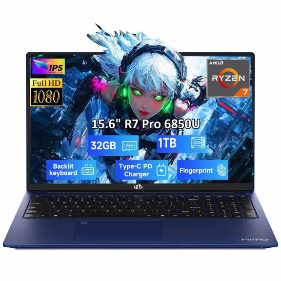 15.6" Gaming Laptop 8 Cores AMD Ryzen 7 Pro 6850U 32GB LPDDR5 RAM 1TB SSD (Beat i7-1360P Up to 4.7GHz) AMD Radeon 680M GPU IPS FHD Computer with 100W Type-C Backlit Keyboard Fingerprint