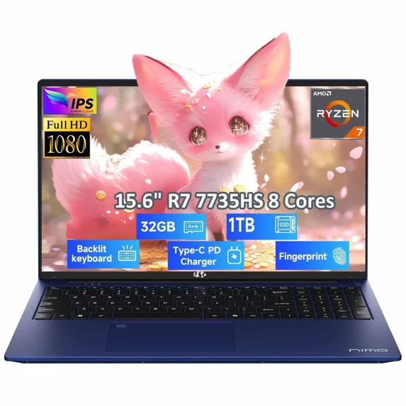 15.6" Gaming-Laptop, AMD 8 Cores Ryzen 7 7735HS 32GB DDR5 RAM 1TB SSD (Beats i7-12650H, Up to 4.75GHz) Computer with Radeon 680M 100W Type-C Backlit Keyboard Fingerprint Unlock, Black