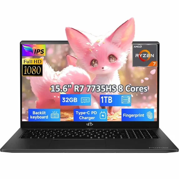 15.6" Gaming-Laptop, AMD 8 Cores Ryzen 7 7735HS 32GB DDR5 RAM 1TB SSD (Beats i7-12650H, Up to 4.75GHz) Computer with Radeon 680M 100W Type-C Backlit Keyboard Fingerprint Unlock, Black