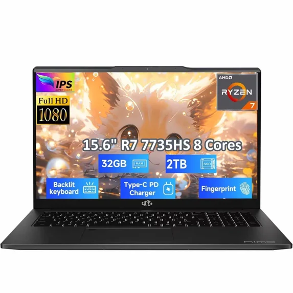 15.6" Gaming-Laptop, AMD 8 Cores Ryzen 7 7735HS 32GB DDR5 RAM 2TB SSD (Beats i7-12650H, Up to 4.75GHz) Computer with Radeon 680M 100W Type-C Backlit Keyboard Fingerprint Unlock, Black