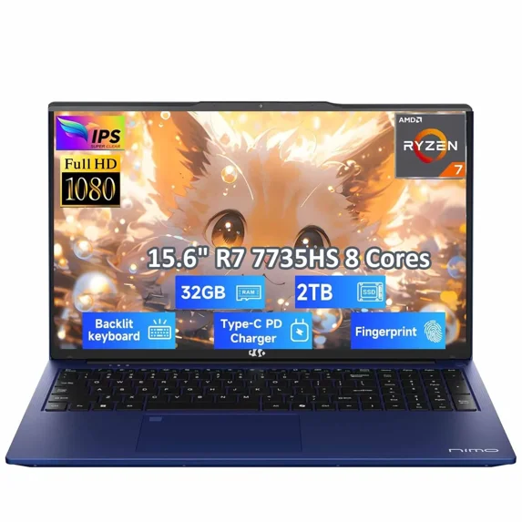 15.6" Gaming-Laptop, AMD 8 Cores Ryzen 7 7735HS 32GB DDR5 RAM 2TB SSD (Beats i7-12650H, Up to 4.75GHz) Computer with Radeon 680M 100W Type-C Backlit Keyboard Fingerprint Unlock, Black