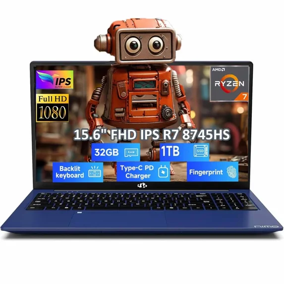 15.6" Gaming Laptop IPS FHD, AMD Ryzen 7 8745HS 32GB DDR5 RAM 1TB SSD (up to 4.9GHz) Radeon 780M Graphics Business Computer with 100W Type-C Backlit Keyboard, Fingerprint USB-C 4.0