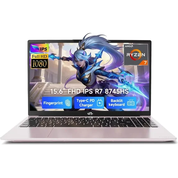 15.6" Gaming Laptop-IPS FHD, AMD Ryzen 7 8745HS Radeon 780M GPU (Beat R9 6900HX, up to 4.9GHz) 16GB DDR5 RAM 1TB SSD 100W Type-C Computer with Fingerprint USB-C 4.0 Backlit Keyboard