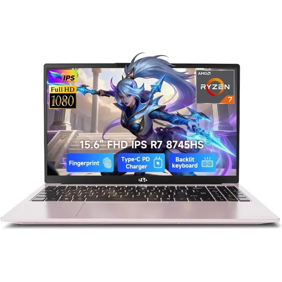 15.6" Gaming Laptop-IPS FHD, AMD Ryzen 7 8745HS Radeon 780M GPU (Beat R9 6900HX, up to 4.9GHz) 32GB DDR5 RAM 2TB SSD 100W Type-C Computer with Fingerprint USB-C 4.0 Backlit Keyboard