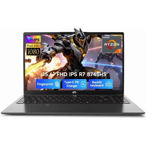 15.6" Gaming Laptop-IPS FHD, AMD Ryzen 7 8745HS Radeon 780M GPU (Beat R9 6900HX, up to 4.9GHz) 64GB DDR5 RAM 2TB SSD 100W Type-C Computer with Fingerprint USB-C 4.0 Backlit Keyboard