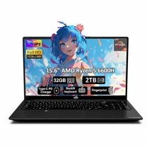 15.6" Gaming Laptop,IPS FHD Laptop AMD Ryzen 5 6600H 6-Cores 660M GPU 32GB DDR5 RAM 2TB SSD(Beat i7-1165G7, Up to 4.5GHz) Computer with 100W GaN Type C Fingerprint Backlit Keyboard Win 11