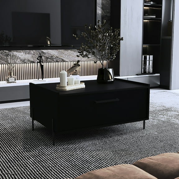 15.6" H Coffee Table In Black, 1 Shelf For Storage Space, 4 Legs, Compact Narrow Areas, Engineered Wood Manufactured Black With Shelf, Elevation, Robust Restricted Spaces, Made Of Plank