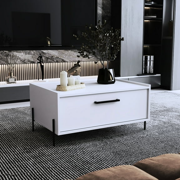 15.6" H Coffee Table, White, With 1 Shelf And 4 Legs - Compact For Space Utilization, Made Of Engineered Timber, Easy Assembly Included White Tall, & Saving Exhibitions, Wood Fabricated Article,