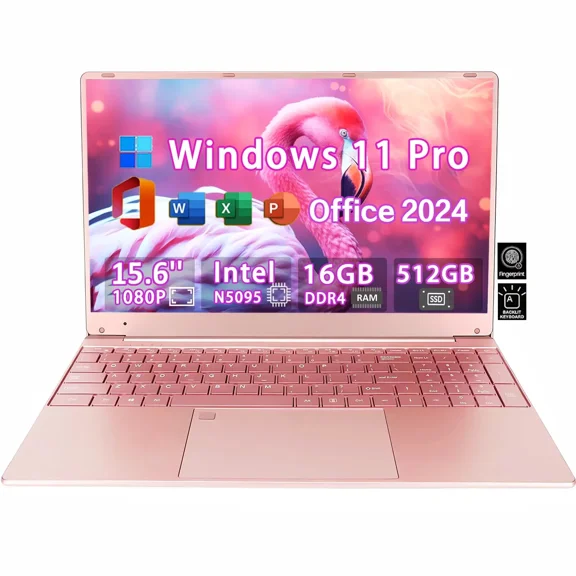 15.6" HD Pink Windows 11 Pro Laptop Computer Office 2024 Meeting camera Intel N5095 16GB RAM 512GB SSD Lightweight Student Notebook PC Computer for Business Work, Backlit Keyboard WiFi5 BT 5.0
