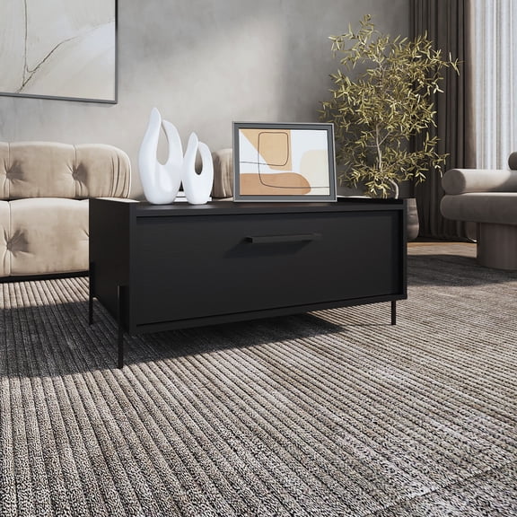 15.6" High Coffe Table With Pull Down Storage Cabinet And Open Shelf, Black Rectangular For Living Area, Wonderful Minimalist Coffee Pull-down Space, Splendid