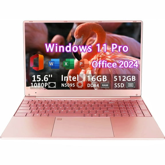 BULANUO 15.6" Pink Laptop Windows 11 Pro Office 2024 Intel Celeron ADL-N5095, 16GB RAM, 512GB SSD, Ultra-Thin and Lightweight student Notebook PC Computer for Work, Backlit Keyboard, WiFi5, BT 5.0