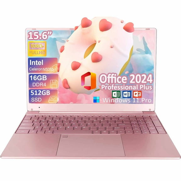 15.6" Business Laptop, Office 2024, Windows 11 Pro, 2.9 GHz Intel Celeron N5095, 16GB RAM 512GB SSD,Ultra-Thin and Lightweight student Computer, Backlit Keyboard, WiFi 5, BT 5.0(Pink)