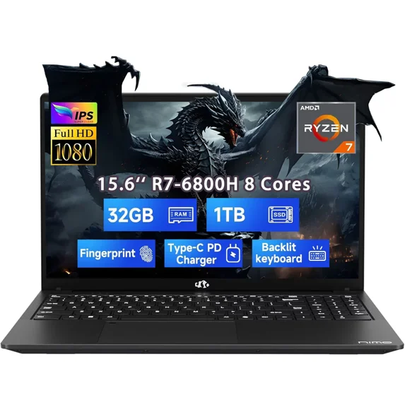 15.6" IPS FHD 2025 Gaming Laptop Computer 8 Cores AMD Ryzen 7 6800H (Up to 4.7GHz) 32GB DDR5 RAM 1TB SSD AMD Radeon 680M GPU-Computer 100W Type-C Backlit Keyboard Fingerprint
