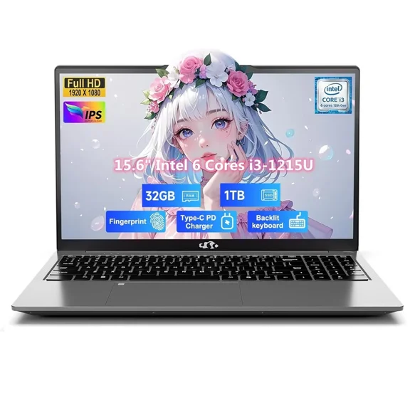 15.6" IPS FHD Business Laptop, 32GB RAM 1TB SSD Intel 6 Core i3-1215U (Beat i5-1135G7, Up to 4.4GHz) Laptop-Computer Fingerprint Backlit Keyboard 65W Type C Wi-Fi 6 Win 11 Gray