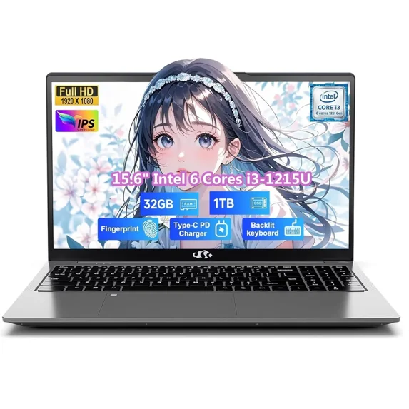 15.6" IPS FHD Business/Student Laptop, Intel 6 Cores I3-1215U 32GB RAM 1TB SSD (Beats i5-1135G7, Up to 4.4GHz) Computer with 65W Type C Backlit Keyboard Fingerprint, Win11, Gary