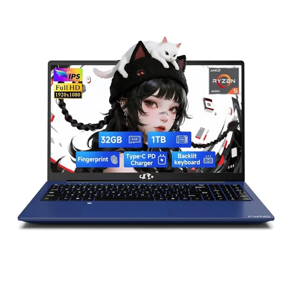 15.6" IPS FHD Gaming/Business Laptop, 32GB DDR5 RAM 1TB SSD 6 Cores AMD Ryzen 5 6600H (Beat i7-1165G7 up to 4.5GHz) 660M 6nm GPU-Computer with 100W Type-C Backlit Keyboard, Fingerprint Blue