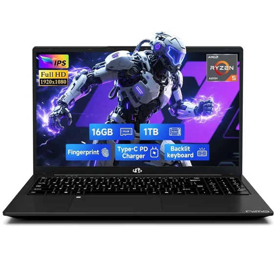 15.6" IPS FHD Gaming/Business Laptop, 6 Cores AMD Ryzen 5 6600H 16GB DDR5 RAM 1TB SSD (Beat i7-1165G7 up to 4.5GHz) 660M 6nm GPU-Computer with 100W Type-C Backlit Keyboard, Fingerprint Black