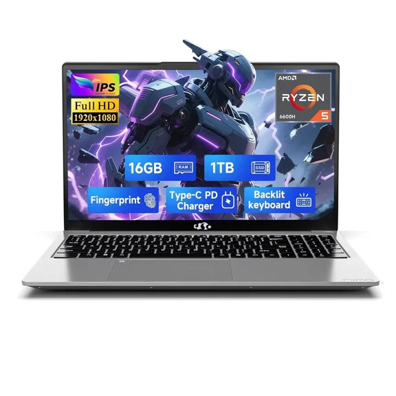 15.6" IPS FHD Gaming/Business Laptop, 6 Cores AMD Ryzen 5 6600H 16GB DDR5 RAM 1TB SSD (Beat i7-1165G7 up to 4.5GHz) 660M 6nm GPU-Computer with 100W Type-C Backlit Keyboard, Fingerprint Silver