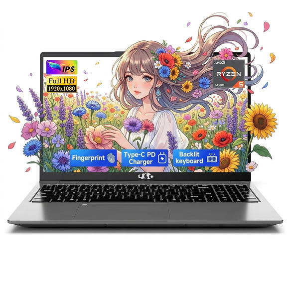 15.6" IPS FHD Gaming Laptop 16GB DDR5 RAM 1TB SSD AMD Ryzen 5 6600H (Beat i5-1335U, 6 Cores Up to 4.5GHz) AMD Radeon 660M with 100W Type-C Backlit Keyboard Fingerprint Gray