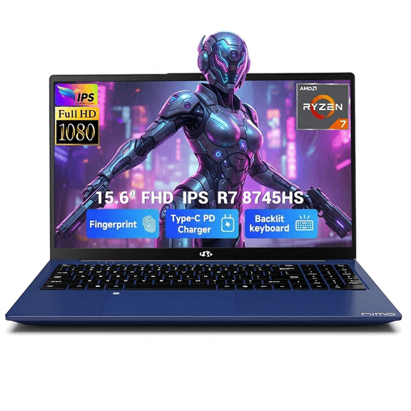 15.6" IPS FHD Gaming Laptop 16GB DDR5 RAM 1TB SSD AMD Ryzen 7 8745HS (8 Cores Up to 4.9GHz) AMD Radeon 780M Graphics with 100W USB-C Backlit Keyboard Fingerprint Reader Blue