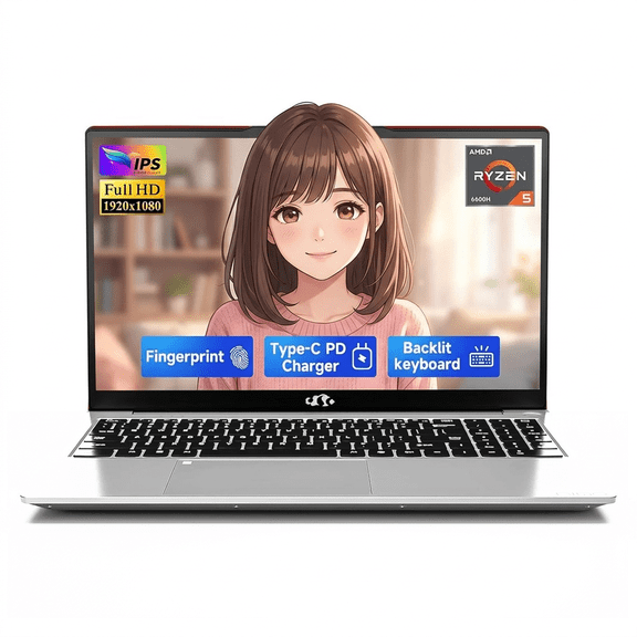 15.6" IPS FHD Gaming Laptop 16GB DDR5 RAM 512GB SSD AMD Ryzen 5 6600H (Beat i5-1335U 6 Cores Up to 4.5GHz) AMD Radeon 660M with 100W Type-C Backlit Keyboard Fingerprint Red