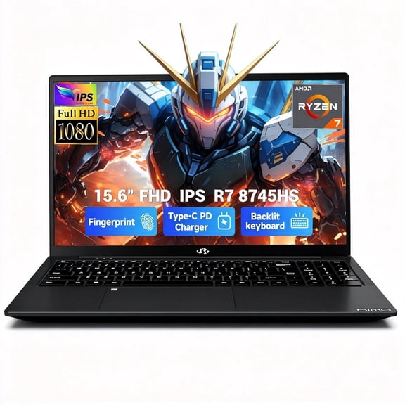 15.6" IPS FHD Gaming Laptop 16GB DDR5 RAM 512GB SSD AMD Ryzen 7 8745HS (8 Cores Up to 4.9GHz) with Radeon 780M Graphics 100W Type-C Backlit Keyboard Fingerprint Black