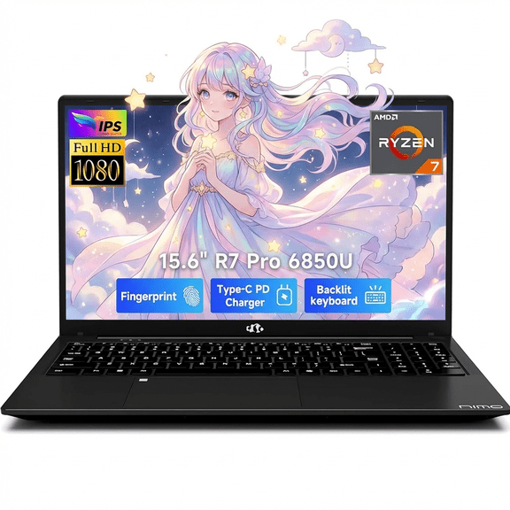 15.6" IPS FHD Gaming Laptop 16GB LPDDR5 RAM 512GB SSD AMD Ryzen 7 Pro 6850U (8 Cores Up to 4.7GHz) AMD Radeon 680M GPU with 100W Type-C Fingerprint Backlit Keyboard Black