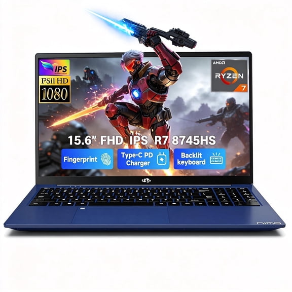 15.6" IPS FHD Gaming Laptop 32GB DDR5 RAM 1TB SSD AMD Ryzen 7 8745HS (8 Cores Up to 4.9GHz) Radeon 780M Graphics with 100W Type-C Backlit Keyboard Fingerprint USB4.0 Blue