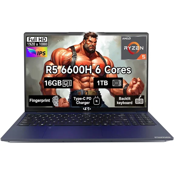 15.6" IPS FHD Gaming Laptop, 6 Cores AMD Ryzen 5 6600H 16GB DDR5 RAM 1TB SSD 660M 6nm GPU-Computer with 100W Type-C Backlit Keyboard, Fingerprint Blue
