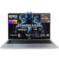 15.6" IPS FHD Gaming Laptop, 6 Cores AMD Ryzen 5 6600H 16GB DDR5 RAM 1TB SSD 660M 6nm GPU-Computer with 100W Type-C Backlit Keyboard, Fingerprint Silvery