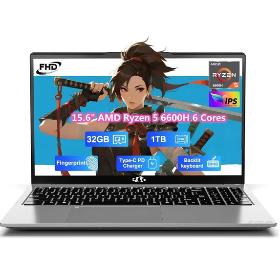 15.6" IPS FHD Gaming Laptop, 6 Cores AMD Ryzen 5 6600H (Beat i7-1165G7 up to 4.5GHz) 32GB DDR5 RAM 1TB SSD 660M 6nm GPU-Computer with 100W Type-C Backlit Keyboard, Fingerprint Silver