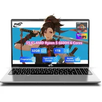 15.6" IPS FHD Gaming Laptop, 6 Cores AMD Ryzen 5 6600H (Beat i7-1165G7 up to 4.5GHz) 32GB DDR5 RAM 1TB SSD 660M 6nm GPU-Computer with 100W Type-C Backlit Keyboard, Fingerprint Silver