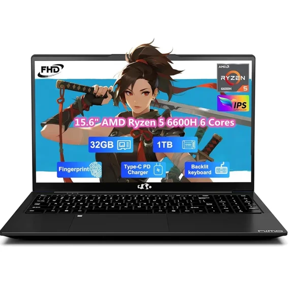 15.6" IPS FHD Gaming Laptop, 6 Cores AMD Ryzen 5 6600H (Beat i7-1165G7 up to 4.5GHz) 32GB DDR5 RAM 1TB SSD 660M 6nm GPU-Computer with 100W Type-C Backlit Keyboard, Fingerprint Black