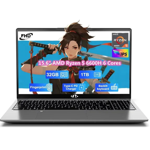 15.6" IPS FHD Gaming Laptop, 6 Cores AMD Ryzen 5 6600H (Beat i7-1165G7 up to 4.5GHz) 32GB DDR5 RAM 1TB SSD 660M 6nm GPU-Computer with 100W Type-C Backlit Keyboard, Fingerprint Gray