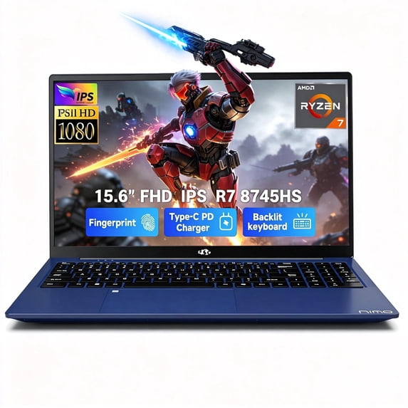 15.6" IPS FHD Gaming Laptop 64GB DDR5 RAM 1TB SSD AMD Ryzen 7 8745HS (8C/16T Up to 4.9GHz) Radeon 780M Graphics with 100W Type-C Backlit Keyboard Fingerprint USB-C 4.0 Blue